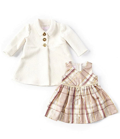 Baby Girls 3-18 Months Long-Sleeve Jacquard-Knit Coat & Sleeveless Metallic-Plaid Taffeta Fit-And-Flare Dress Set