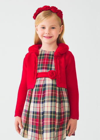 FAUX FUR NECK KNITTED BOLERO GIRL -TARTAN DRESS GIRL 12-05539-008