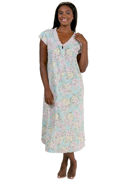 Miss Elaine Long Nightgown - Short Sleeve Cotton Knit in Pastel Bouquet 501518