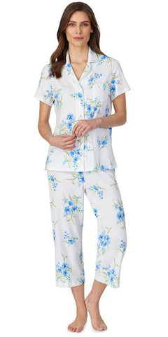White Ground Blue Floral Soft Jersey Knits Capri Pj CH91903-155