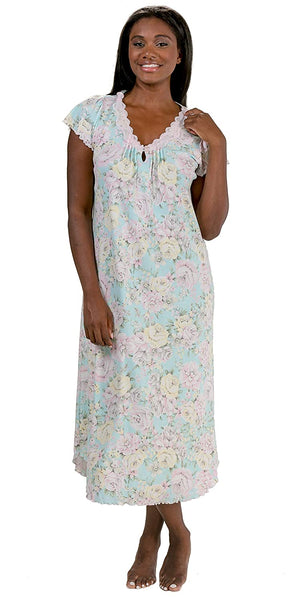 Miss Elaine Long Nightgown - Short Sleeve Cotton Knit in Pastel Bouquet 501518