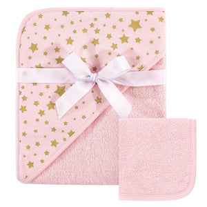 Hudson Baby Cotton Hooded Towel and Washcloth, Pink Gold Star Hudson Baby  ID: 57126