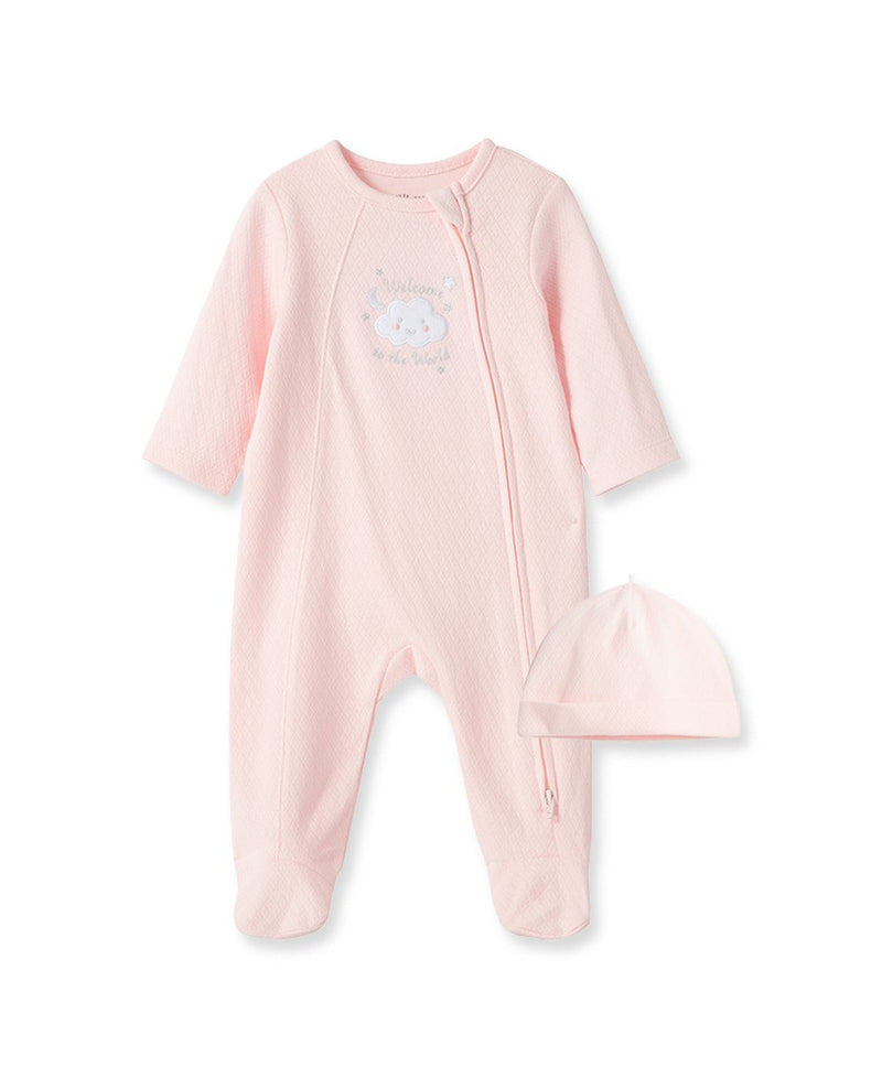 New Pink Welcome To The World Footed One-Piece And Hat 10283