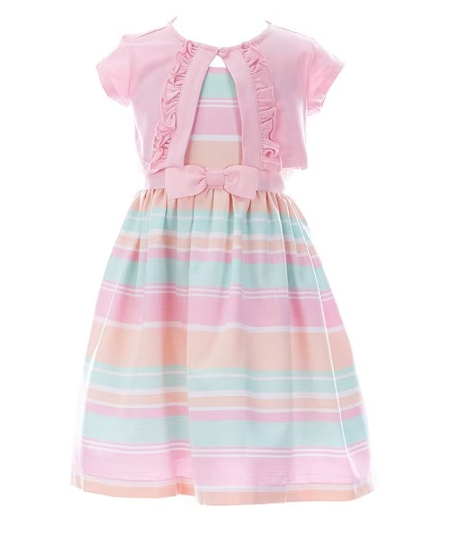 Copy of Bonnie Jean Little Girls 2T-6X Short-Sleeve Knit Cardigan & Sleeveless Striped Linen-Look Fit-And-Flare Dress Set