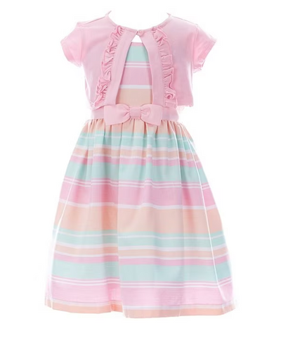 Copy of Bonnie Jean Little Girls 2T-6X Short-Sleeve Knit Cardigan & Sleeveless Striped Linen-Look Fit-And-Flare Dress Set