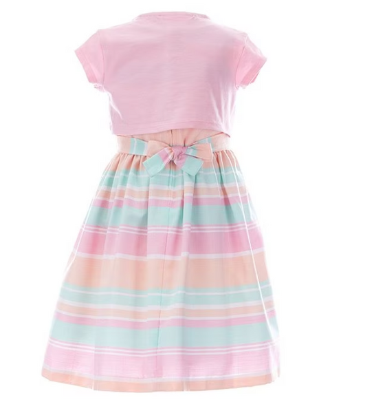 Copy of Bonnie Jean Little Girls 2T-6X Short-Sleeve Knit Cardigan & Sleeveless Striped Linen-Look Fit-And-Flare Dress Set