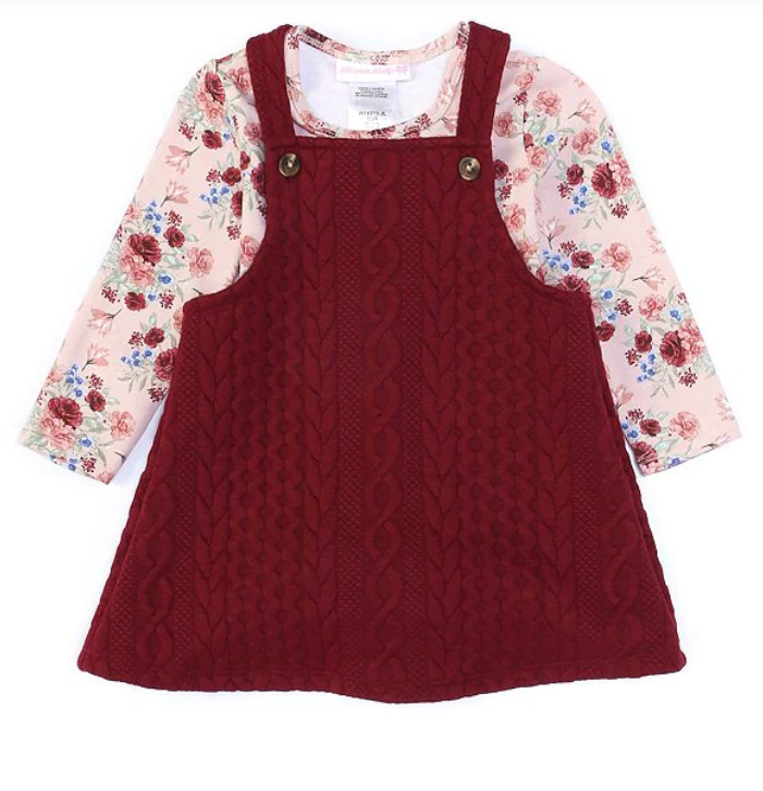 Bonnie Jean Baby Girls  Long-Sleeve Printed Knit Onsie & Cable Knit Jumper Dress Set 24373