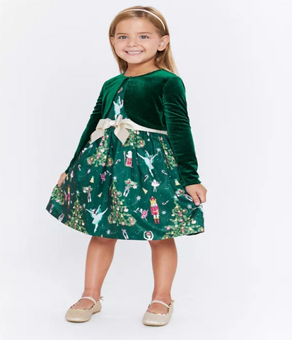 Little Girls Shantung Nutcracker Print Dress with Bow and Velvet Cardigan Set 34456