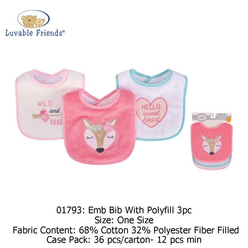 Luvable Friends Emb Bib with Polyfill 3pk - 01793