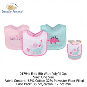 Luvable Friends Emb Bib with Polyfill 3pk - 01794