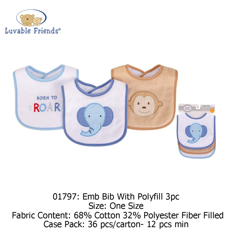 Luvable Friends Emb Bib with Polyfill 3pk - 01797