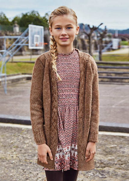 Printed dress for girl Art. 12-07938-053-Long knitted cardigan for girl ECOFRIENDS Art. 12-07377-064