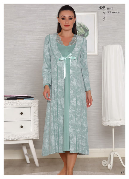 Tuba 459 Green Lace Patterned Dressing Gown Maternity Nightgown Set