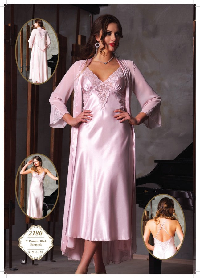 Luxury women's lingerie set consisting of two pieces: long satin nightgown with lace-embroidered robe (Model 2180)