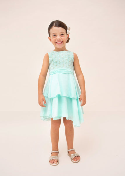 Dress with ruffled skirt and embroidered motif for girl Art. 23-03912-074