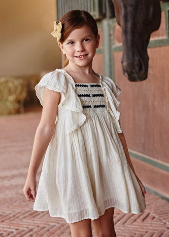 Dress with ruffles and embroidered motifs for a girl Art. 23-03926-094