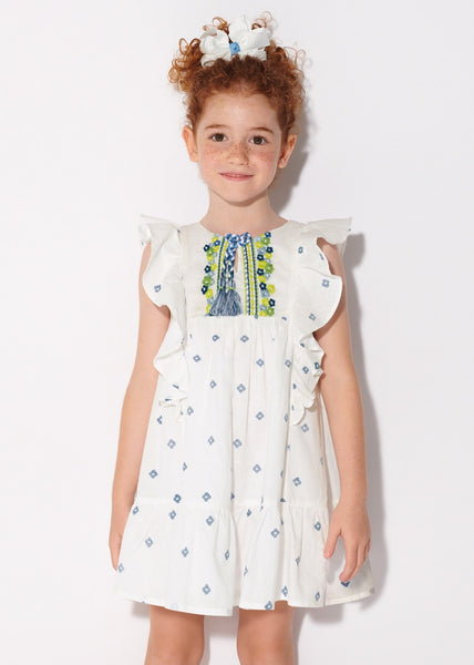 Printed dress with embroidered motif in cotton for girls Art. 23-03936-033