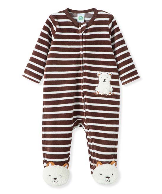 Brown & White Stripe Bear Velour Footie - Infant 11234